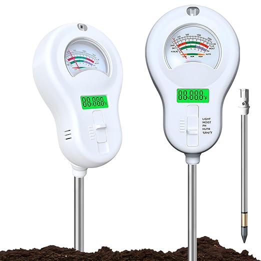 6-in-one Soil Test Kit-Soil Moisture Meter/PH Meter/Fertility/Sunlight Intensity Soil Tester, LCD Air Hygrometer&Temperature Moisture Meter for Plants-Garden, Lawn,Farm,2 Pack Detachable Probe