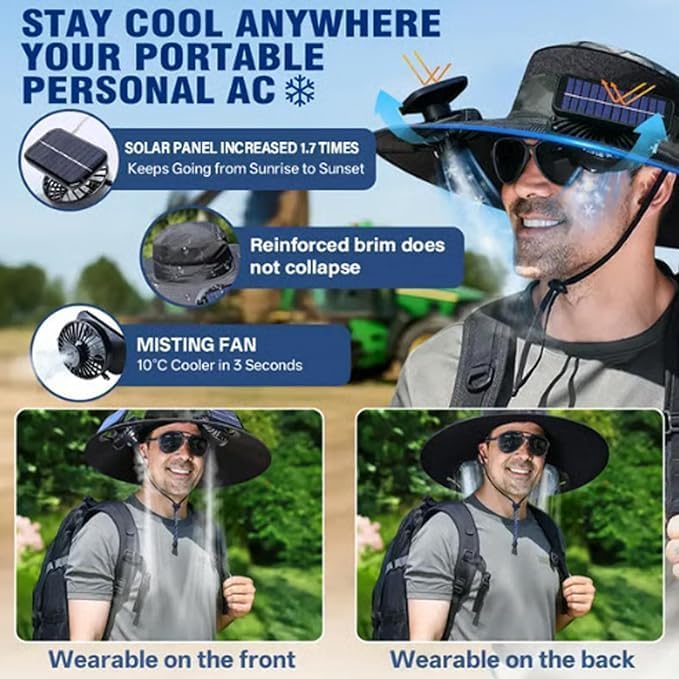 Solar Fan Hat with Mist, Mens Wide Brim Solar Power Fans Hat with Built in Fan, USB Solar Charging for Outdoor Fishing