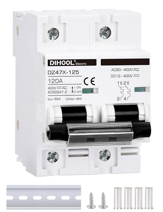 DIHOOL Solar Disconnect Switch, 120 Amp 2 Pole, DIN Rail Mount, Non Polarized, 12V 24V 48V 400V, AC/DC Circuit Breaker, RV Battery Isolator, PV Array MCB, Thermal Magnetic Trip