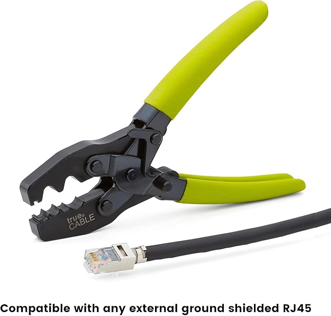 TRUE CABLE External Ground Crimping Tool for Shielded RJ45 Connectors, Dual Crimp Cavities, Carbon Steel, Non-Slip Ergonomic Handle, Terminal Crimper with Latch Mechanism