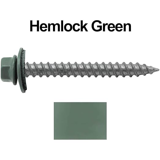 Metal Roofing Screws: (250) 12 x 2 Hemlock Green Hex Sheet Metal Roof Screw. Sharp Point Metal to Wood siding Screws. 5/8" EPDM Washer