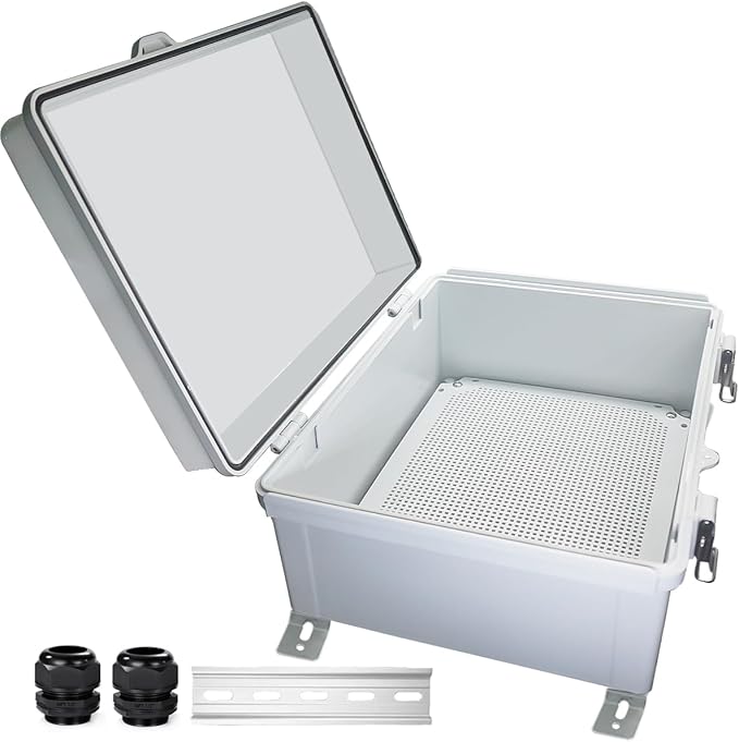 Waterproof Outdoor Electrical Box Junction Box Weatherproof IP67 ABS Plastic Enclosure Switch Router Project Box with Mounting Plate with Wall Bracket 2 Cable Glands Grey 16" x 12" x 7"