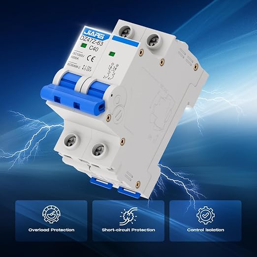 DC Miniature Circuit Breaker, 1000V 2 Pole 40 Amp Isolator for Solar PV System, Thermal Magnetic Trip DIN Rail Mount, C40 DC Disconnect Switch