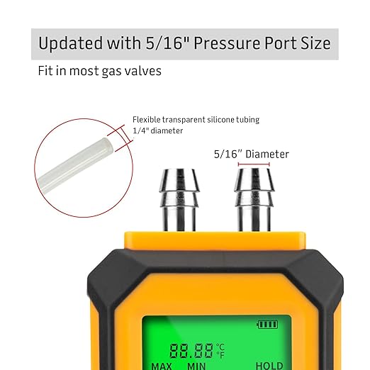 5/16 Inches Diameter Pressure Port Digital Manometer, YZT Meter Dual Port Air Pressure Meter Pressure Gauge HVAC Gas Tester, Differential Pressure Manometer