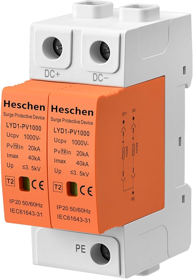 Heschen Surge Protective Device for PV, LYD1-PV1000, 2P 1000VDC 20-40KA, 35mm DIN Rail Mounting, for Lightning Protection Power Distribution and Control Appliances (1)
