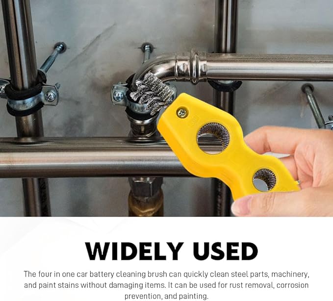 4 in 1 Car Battery Cleaning Brush, Battery Terminal Cleaner, Anti-Rust Auto Battery Cleaner with Steel Wire, Car Accessories Vehicle Machine Parts Clean Tools for Most Vehicles (Yellow)