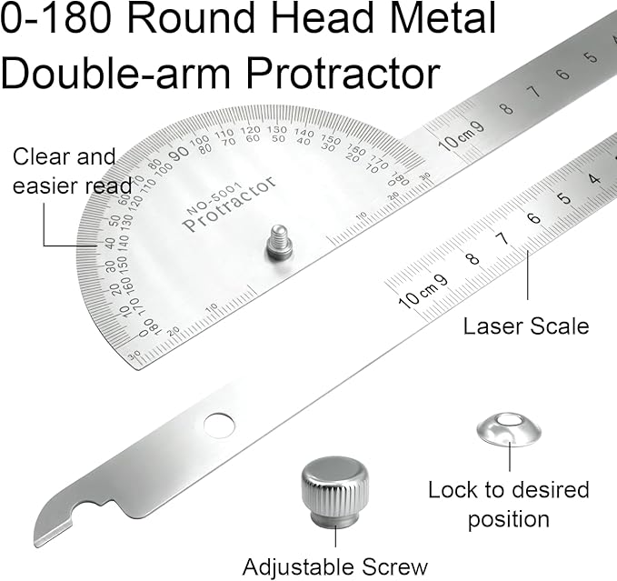 Protractor and Compass Set - 10cm (3.94 Inch) Stainless Steel Angle Finder with 2 Metal Compasses, 180° Adjustable Two Arm Ruler for Geometry, Woodworking, Engineering & School Supplies