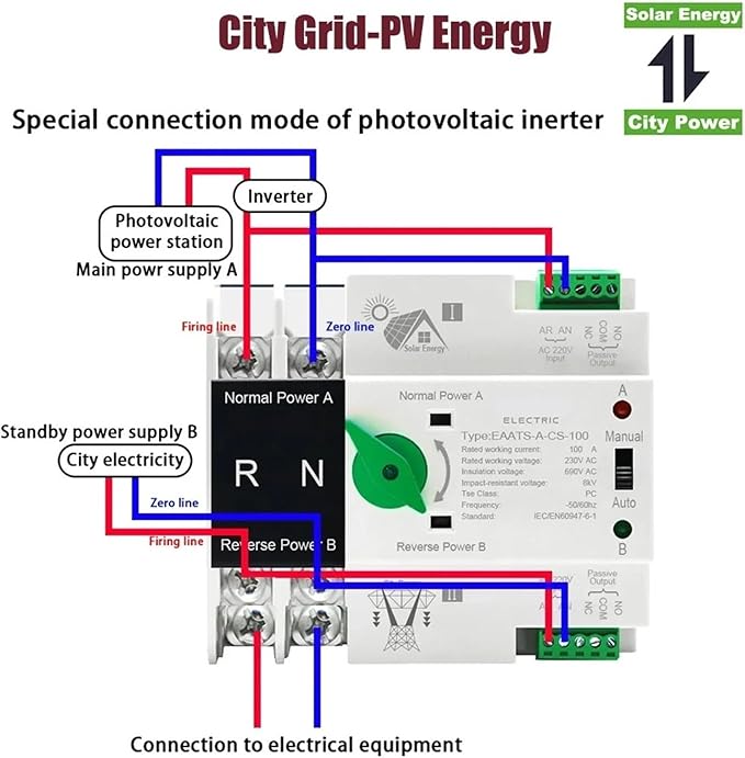 Dual Power Automatic Transfer Switch Single Phase Din Rail ATS PV 2P 4P 100A AC 110V 220V Dual Power Automatic Transfer Electrical Selector Switches Uninterrupted(City Grid-Generator,4P AC 110V)