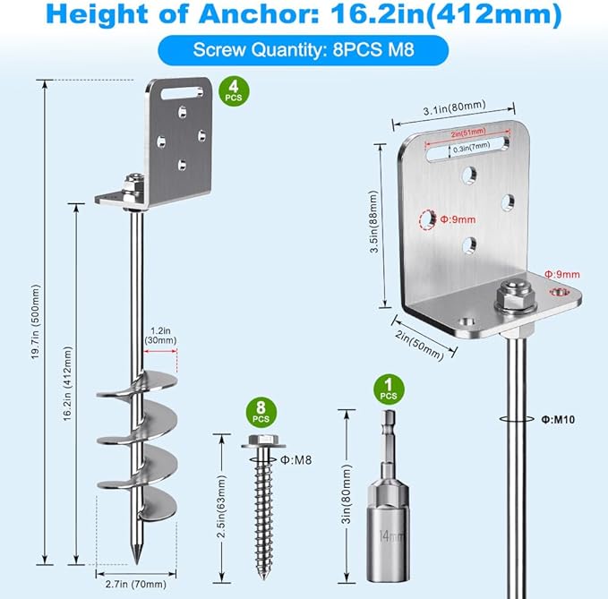 18'' Heavy Duty Ground Anchors 10mm Solid Steel with L Bracket, for Trampoline Mobile Home Swing Set Shed Carport Tent Earth Anchor Fence, 2.7" Helix Blade & Chrome Plated Finish, 4Pack