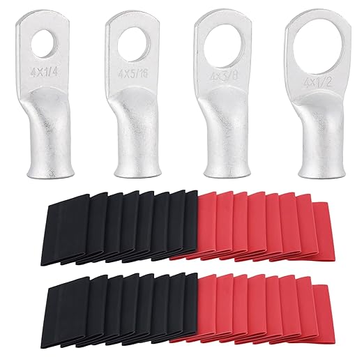 4 AWG Tinned Copper Ring Terminal Kit (62 Pcs) - 30 Battery Lugs (1/4", 5/16", 3/8", 1/2") with 32 Heat Shrink Tubes for 4 Gauge Wire in Automotive, Solar, Marine, RV Applications