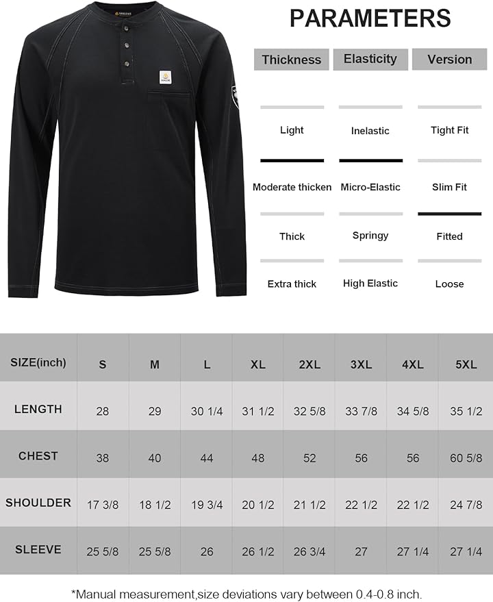 FR Shirts for Men Light Weight Flame Resistant Henley Shirts Long Sleeve Shirts HRC2/CAT2 6.5oz 100% Cotton