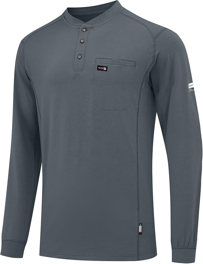 FR Shirts for Men 6oz Lightweight Stretch Work Shirt Flame Resistant Long Sleeve Henley Shirt CAT2