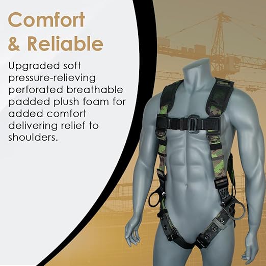 AFP Green Camouflage Universal Fall Protection Ergonomic Comfort Safety Harness, Soft Pressure-Relieving Perforated Breathable Padded Foam Shoulder, 3 D-Rings, Tongue Buckle, Mating Buckle