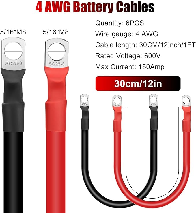 Linkstyle 6PCS 4 AWG 12 Inch Battery Cables, 30CM Pure Copper Power Inverter Wire with 5/16" Lugs Terminals, for Solar Auto RV Car Golf Cart Marine