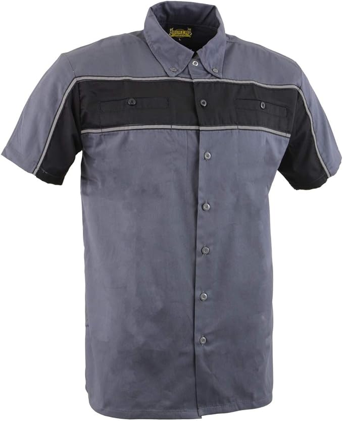Milwaukee Leather MDM11671 Men’s Grey-Black Mechanic Work Shirt w/Reflective Strip - Heavy-Duty Button-Up