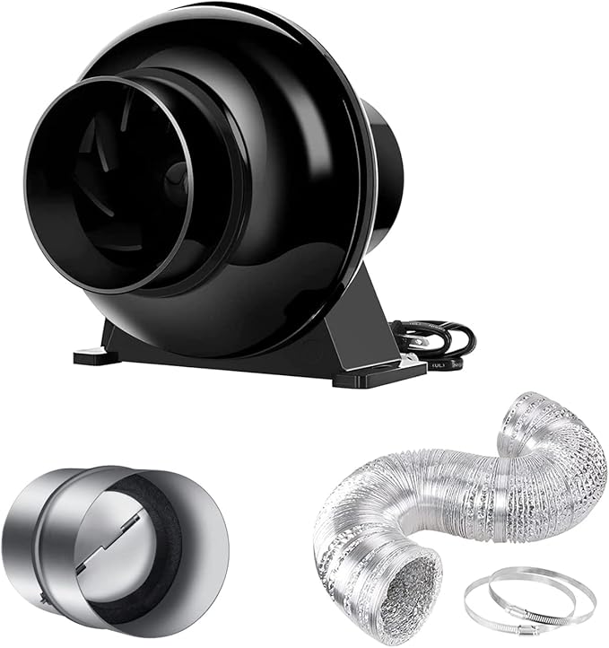 iPower 4 Inch 195 CFM Inline Duct Ventilation Exhaust Fan, 8 Feet Ducting and Backdraft Shutter Damper for Grow Tent, HVAC Heating Cooling, 2 Clamps Included