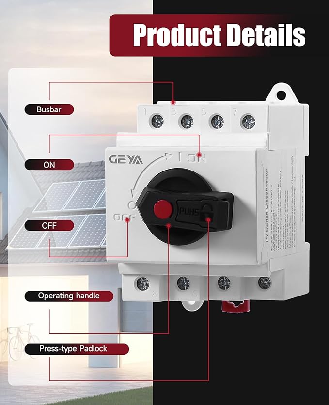 32 Amp DC1200V Solar Disconnect Switch Isolator Switch PV Panel Disconnect Solar System Combiner Box Accessory DIN Rail Mount and Lockable