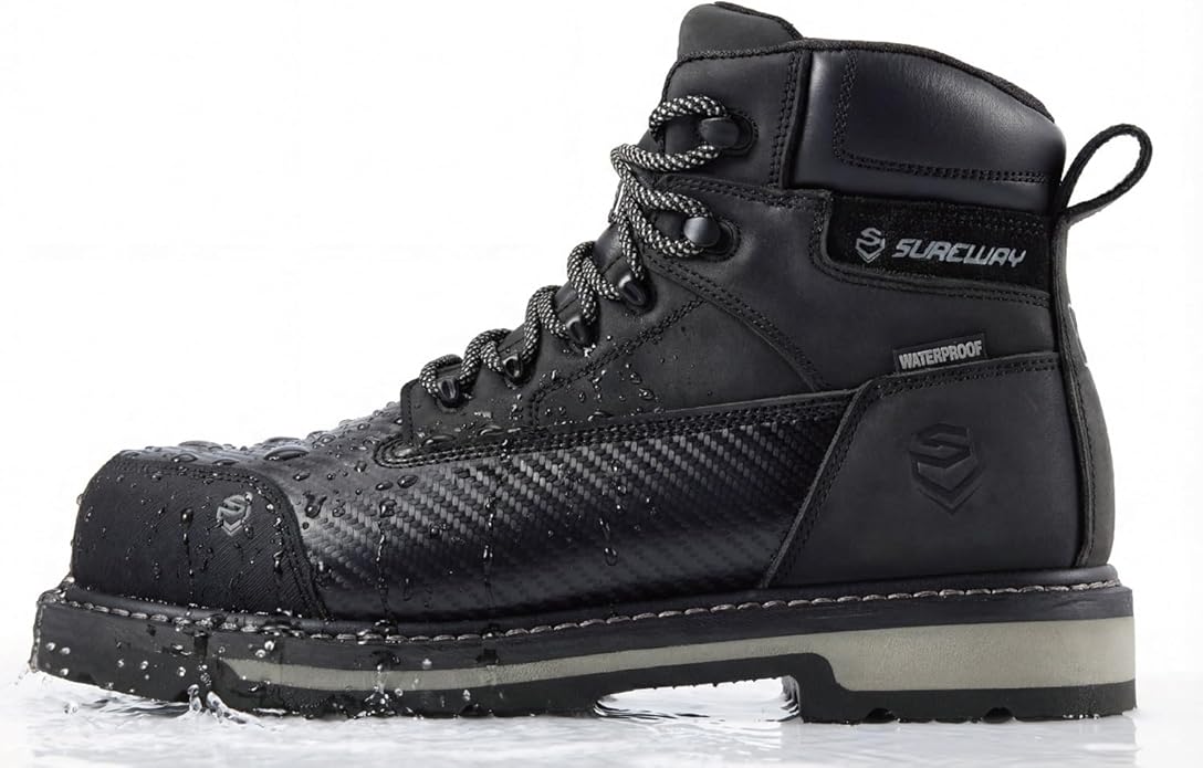 SUREWAY Men's 6" Waterproof Soft/Composite Toe Work Boots - Crazy Horse Leather Safety Shoes,GoodyearWelt Slip Resistant EH Rated Heavy Duty Construction Boots for Industrial, Roofing, Landscaping
