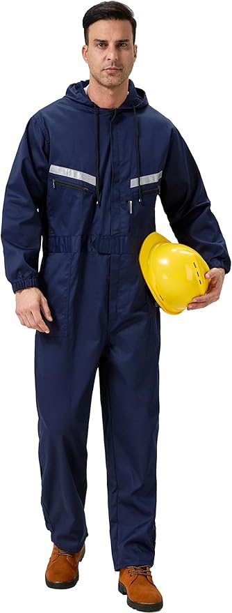 Mens Work Coveralls Mechanic Hooded Overall Workwear Jumpsuits Long Sleeve Hi Viz Coverall with Zippers
