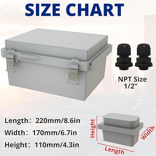 MAKERELE Small Electrical Junction Boxes Plastic Gray IP67 ABS with Electrical Waterproof Performance Including Mounting Plate,Stainless Steel Buckle and 1/2" NPT*2(8.7"×6.7"×4.3")