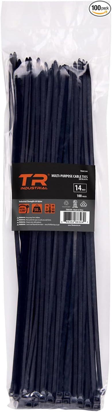 TR Industrial Multi-Purpose UV Resistant Black Cable Ties, 14 inches, 100 Pack