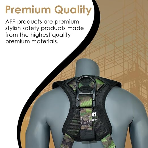 AFP Green Camouflage Universal Fall Protection Ergonomic Comfort Safety Harness, Soft Pressure-Relieving Perforated Breathable Padded Foam Shoulder, 3 D-Rings, Tongue Buckle, Mating Buckle