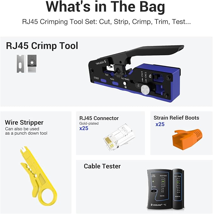 VCELINK RJ45 Crimp Tool Kit for CAT7/6A/6/5E/5, Upgraded Network Tool Set with an Ethernet Crimper, 25 RJ45 Connectors & Boots, Cable Tester, and Wire Stripper (no Cloth Bag Include, Blue Crimper)