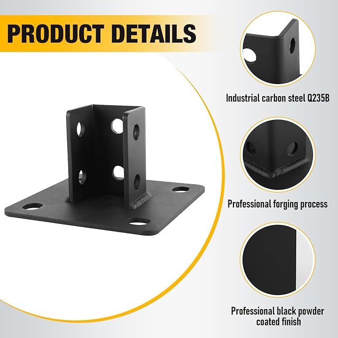 4 PCS Heavy Duty Channel Post Base for 1-5/8” Strut Channel with 4 Mounting Holes,Carbon Steel Q235B Black Powder-Coated Heavy-Duty Support ,Side Orientation