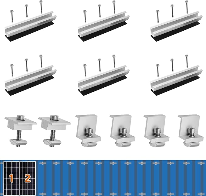 Solar Panel Bracket Kit - 6 Pcs Aluminium Mounting Rail 200mm, Panel Mount 30mm/35mm, Z-Bracket Set, Center Clamps, Rail Connector for Metal, Tin, Flat, Sheet Roof