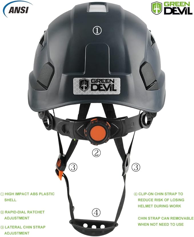 GREEN DEVIL Safety Helmet Hard Hat with Visor Chinstrap Adjustable Lightweight Vented ABS Work Helmet for Men and Women 6-Point Suspension ANSI Z89.1 Approved Ideal for Industrial & Construction