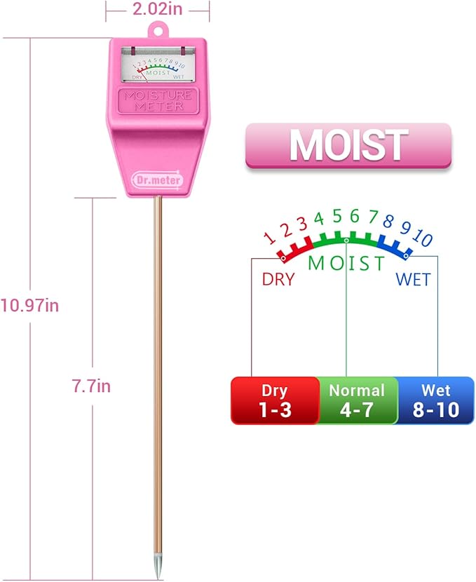Soil Moisture Meter Tester for Plants, Hygrometer Moisture Sensor for Houseplants Indoor Outdoor Garden Lawn Use - Plant Water Meter Gauge Test Kit, No Battery Needed - Gardening Gifts, Pink