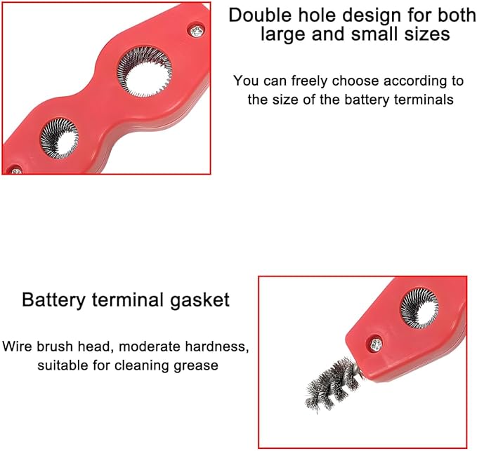BELOMI 2PCS Car Battery Terminal Cleaning Brush, 4 in 1 Rustproof Battery Cleaner Tool with Steel Wire, Auto Universal Interior and Exterior Battery Terminals Machine Parts（Red）