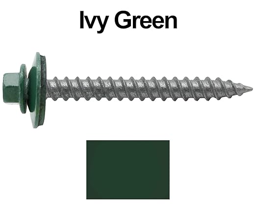 12 x 2 Ivy Green Metal Roofing Screws - Hex Washer Head- Self-Starting/Tapping - EPDM Washer. 4 X 250 Bags - 1,000 Screws