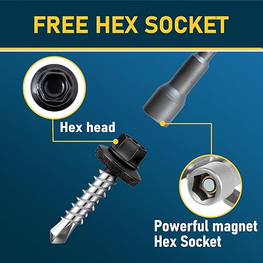 300Pcs #10 x 1 Inch Metal Roofing Screws, Black Hex Head Drill Point Sheet Metal Roof Screw with Rubber Washer, EPDM Washer, with Hex Drive Bit.