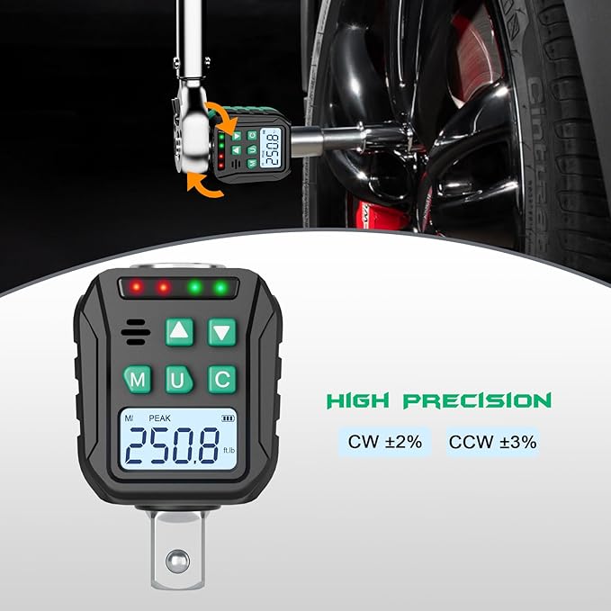 1/2-Inch Digital Torque Adapter, 12.54-250.8 Ft.lb/17-340 N.m, Electronic Torque Wrench Converter with ±2% Accuracy, Preset Function, Data Storage, 3/8” & 1/4” Adapter for Bike, Moto, Car