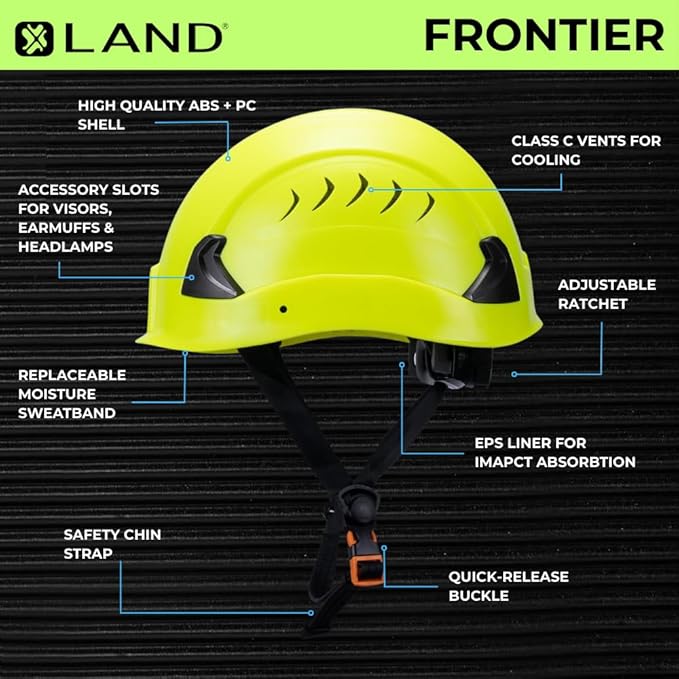Land Helmets Frontier Type 2 Class C Vented Safety Helmet - ANSI/ISEA Z89.1 Type II OSHA Compliant Hard Hat. Used in Construction, Arbor, and Industrial Work.