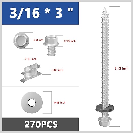 # 3/16 * 3 "270PCS 5lbs Gray hex Metal Sheet roof Screws, with Anti Rust Coating, # 10 * 3, with EPDM Washer and hex self Tapping, Used for Metal to Wood, Corrugated Roofs. 5 * 75mm