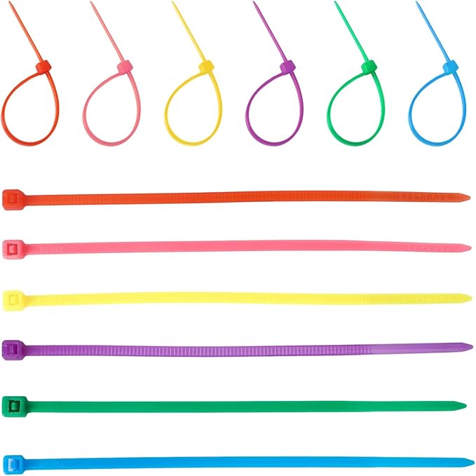 QDiShi 600pcs Small Colored Zip Ties 8 Inch Multi-Color Zip Wire Tie for Deco Mesh Wreath Supplies, Colorful Plastic Ties Yellow, Blue, Red, Green, Pink, Purple Zip Ties (100 per color)