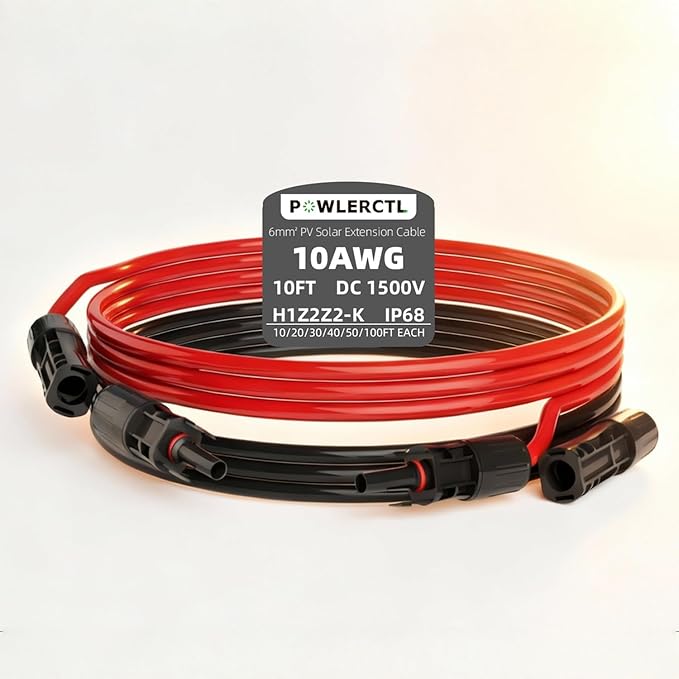 Solar Panel Extension Cable 10 AWG 10Ft 6mm² Wire Gauge Certified PV Cable,100% Tinned Copper with Male and Female Waterproof mc4 Connectors,for RV, Home Boat Photovoltaic Systems