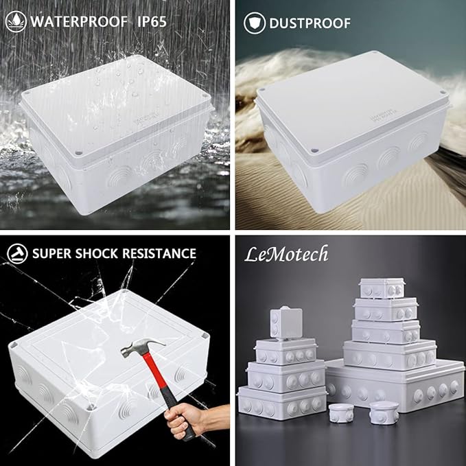 LeMotech Junction Box, ABS Plastic IP65 Waterproof and Dustproof, Universal Electrical Enclosure, Outdoor and Indoor Project Box, 10" x 7.9" x 4.7", White