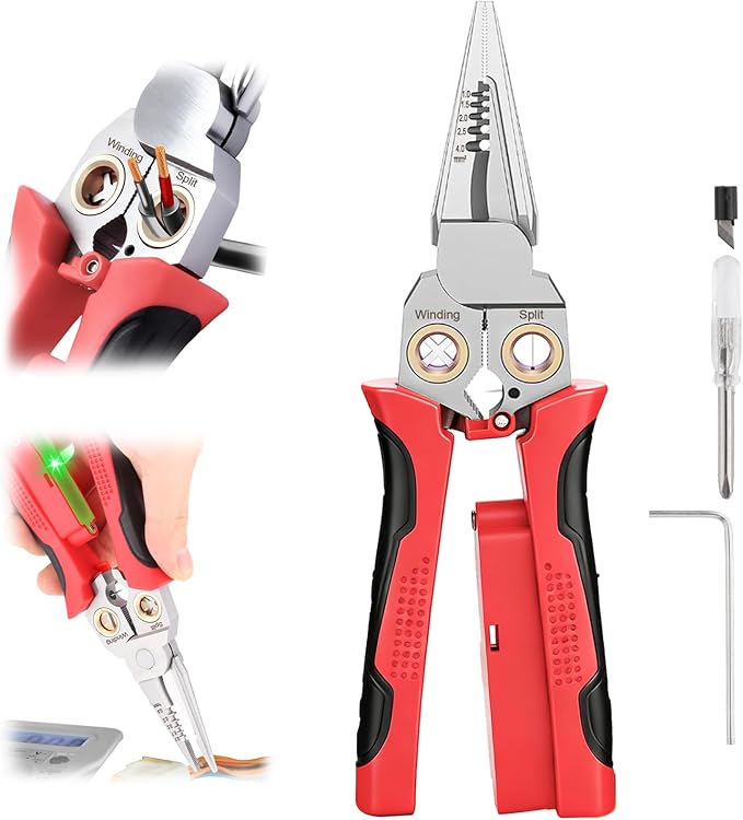 Pro 8-in-1 Wire Stripping Pliers with Voltage Tester for Live/Neutral Wires 12–250V, Needle Nose Pliers, Wire Cutter, Crimper and Wire Twister, Heavy Duty Electrical Tool for Electricians(Red)