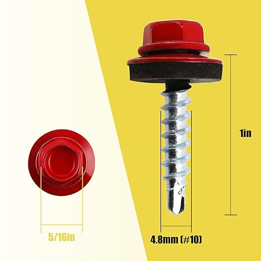 300pcs #10 x 1 Red Hex Head Self-Drilling Metal Roofing Screws, EPDM Washer, Colored Head, Wood Screws, Sheet Metal Roof Screw with Hex Driver Bit (Red, 1 in)