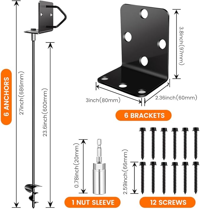 Ground Anchors Shed Anchors 27" Set of 6 Trampoline Stakes Screw in Heavy Duty Mobile Home - Storage Shed Anchor Kit - Playset Swing Anchors - Stakes for Fence,Carport,Garden (Black, 6 x 27in)