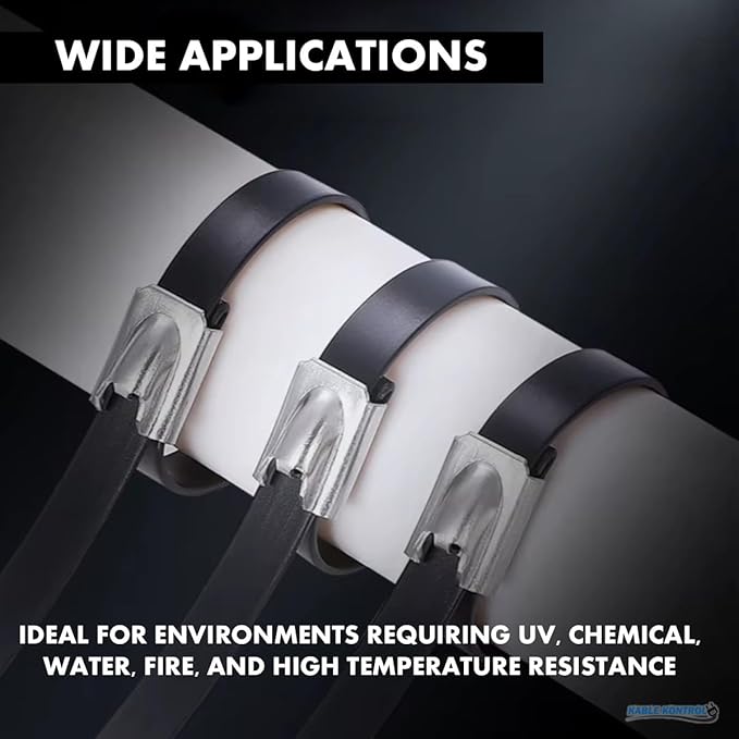 Kable Kontrol Black Metal Zip Ties - 8" Inch Long 100 Pcs, 200 Lbs Tensile Strength, Polyester Coated 304 Stainless Steel Cable Ties UV & Chemical Resistance, for Indoor & Outdoor Use