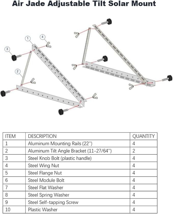 Air Jade Adjustable Solar Panel Tilt Mount Brackets, 28in Solar Panel Stand with Foldable Tilt Legs for RV, Boat, Roof, and Off-Grid, Supports up to 200W