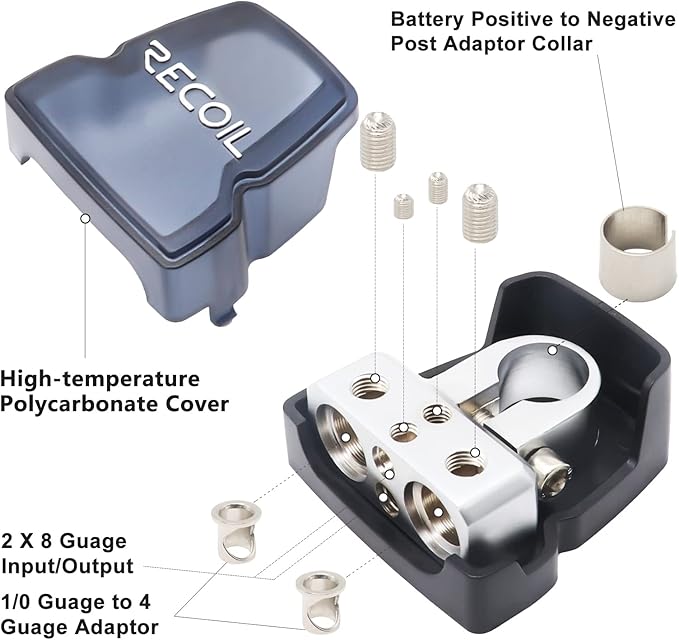 Recoil PBT-D08 2 Pack Premium Solid Brass Positive Negative Battery Terminals Clamps with Two 0/2/4 Gauge Outputs and Two 8 Gauge Outputs