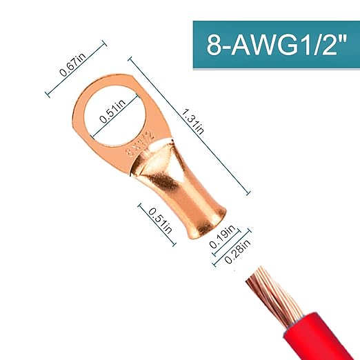 10 PCS Battery Terminal Connectors, Battery Cable Ends Lugs, 8 Gauge Wire Connectors, 8 AWG 1/2" Stud Ring Terminals, Copper Wire Lugs with Heat Shrink Tubing.