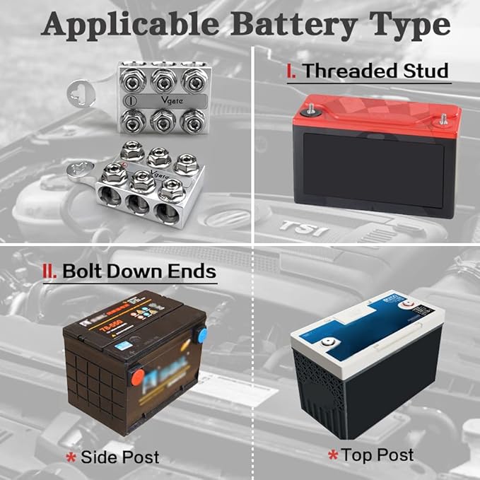 Vgate 12-Way Post Terminal Distribution Block Bus Bar, 8AWG up to 4/0(XL) AWG Gauge, for Lithium or AGM Lead Acid Battery with Bolt Down Ends or Threaded Studs, M5 or M4
