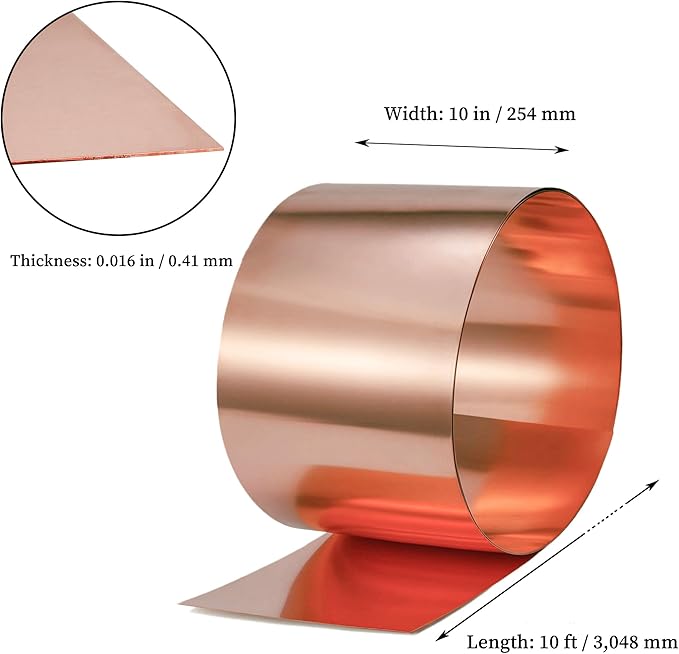 GOORY Copper Flashing 26 Gauge - 10in x 10ft 0.016"(0.41mm) Thickness Roof Flashing Roll - 99.95+% Pure Copper Sheet Metal ASTM B152 - Roofing Repair DIY Project Contractor Jewelry Crafts
