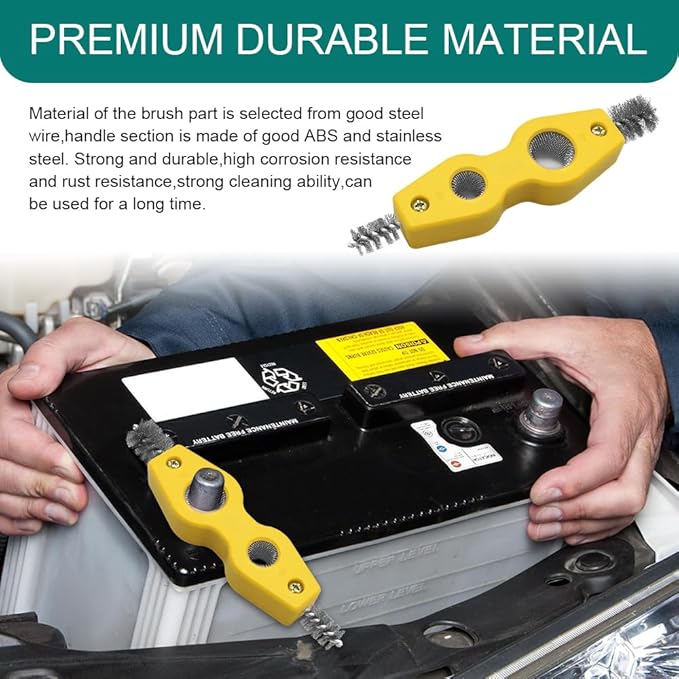 4 in 1 Car Battery Cleaning Brush, Battery Terminal Cleaner, Anti-Rust Car Terminals Machine Parts Cleaning Tool with Steel Wire, Auto Post Cleaner Brush Tool Fit for Vehicle & Marine (Yellow)